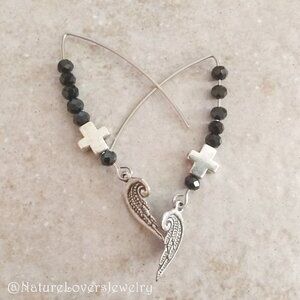 Angel Wings & Cross Dangle Earrings! Goth! Grief Loss Pain! Lightweight!!!